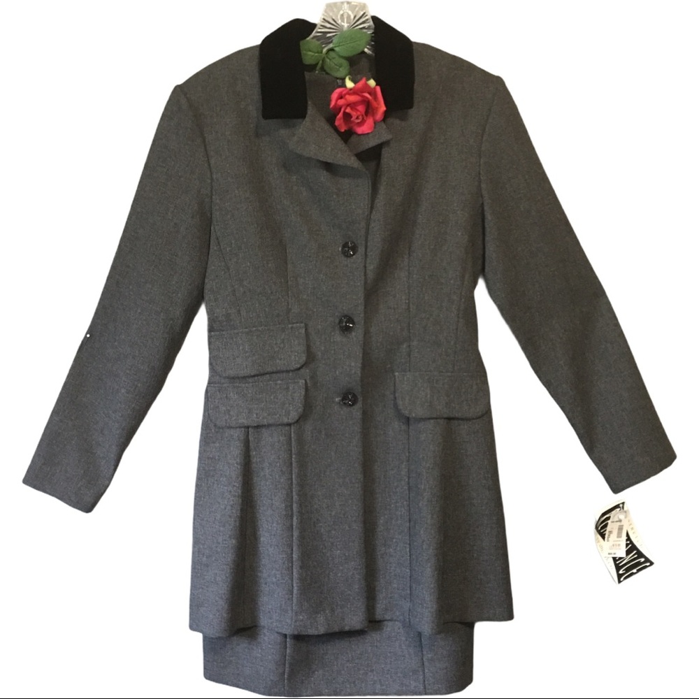 NEW Corpcore 2 Pc VTG dress & long jacket gray black VELVET lawyer office siren
